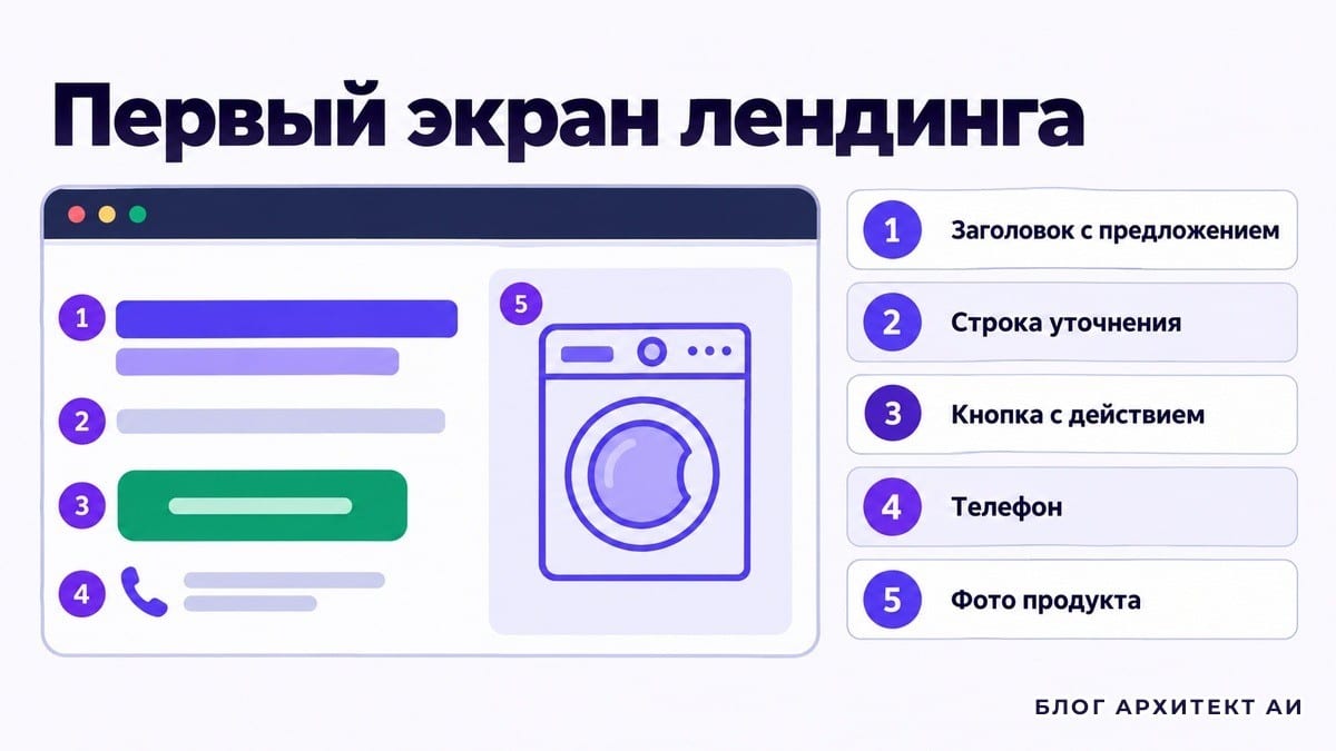 Схема первого экрана лендинга с заголовком, уточнением и кнопкой