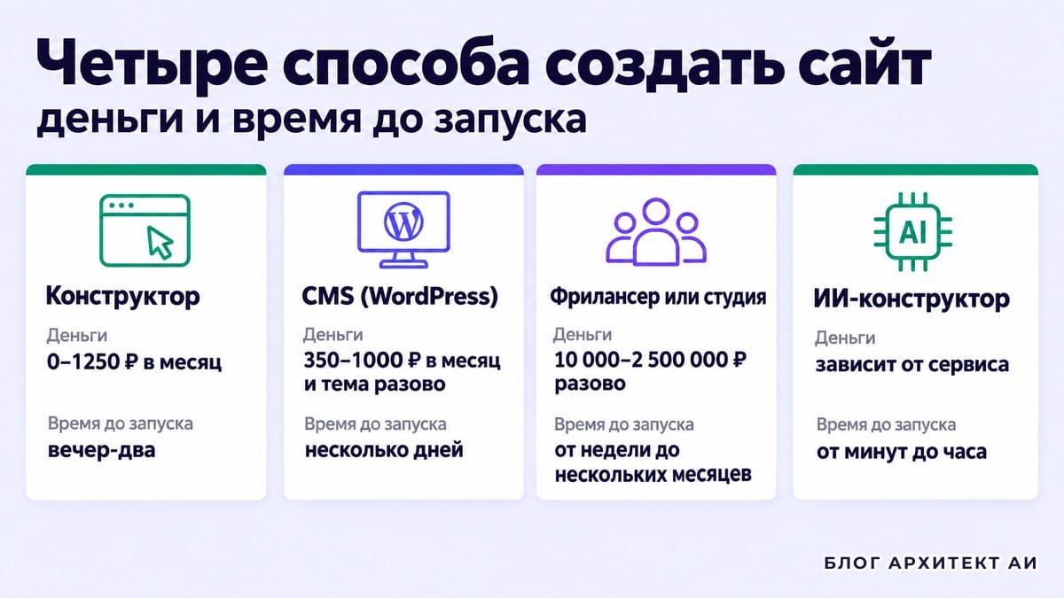 Сравнение денег и времени для четырех способов создать сайт