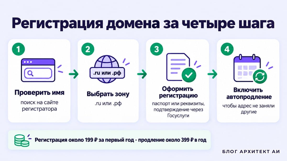 Четыре шага регистрации домена в зоне .ru или .рф
