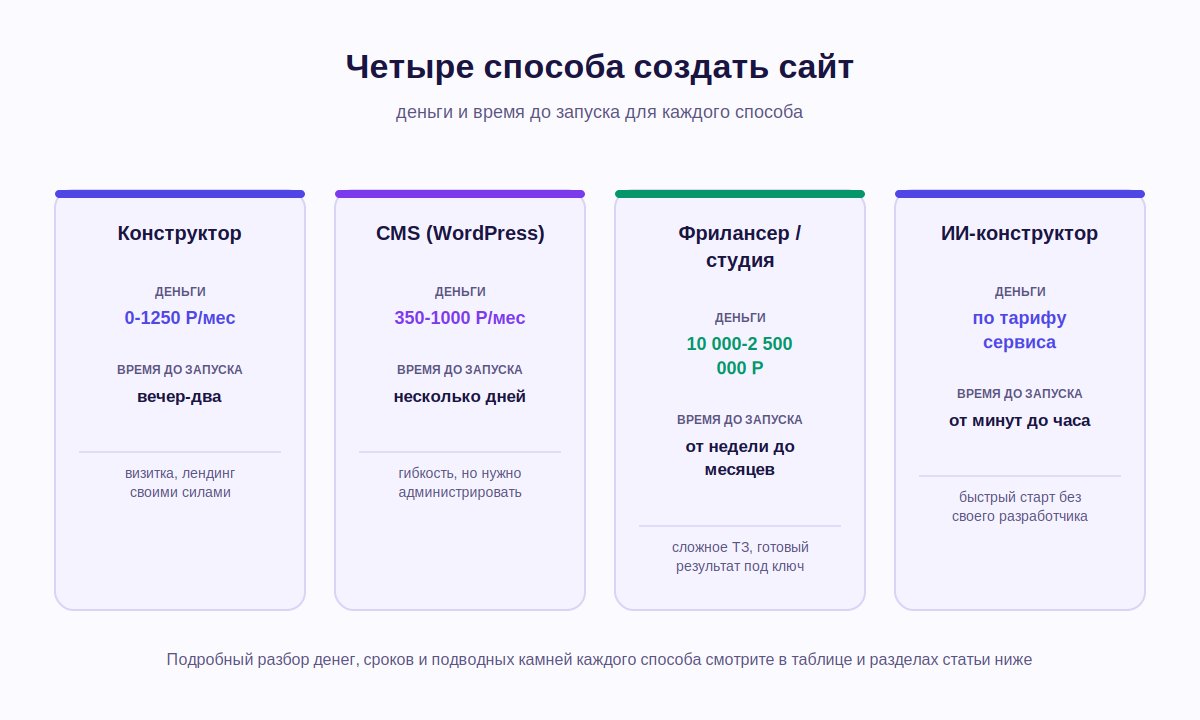 Сравнение денег и времени для четырех способов создать сайт