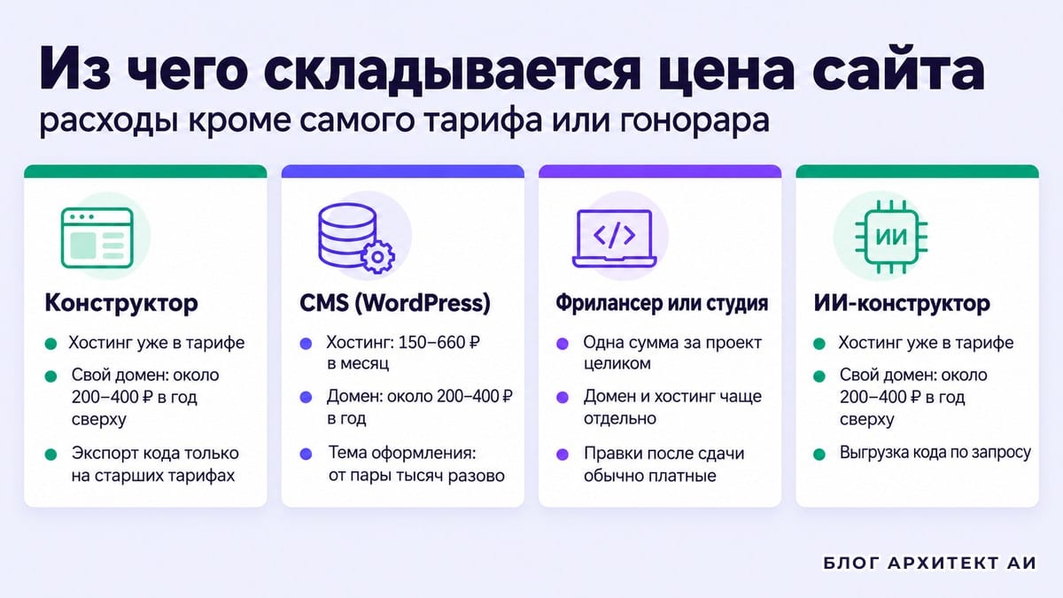 Из чего складывается цена сайта у каждого способа создания