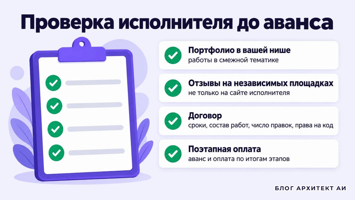 Чек-лист проверки фрилансера или студии перед авансом