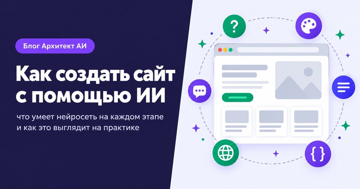 Обложка статьи: как создать сайт с помощью ИИ, иконки процесса вокруг браузера