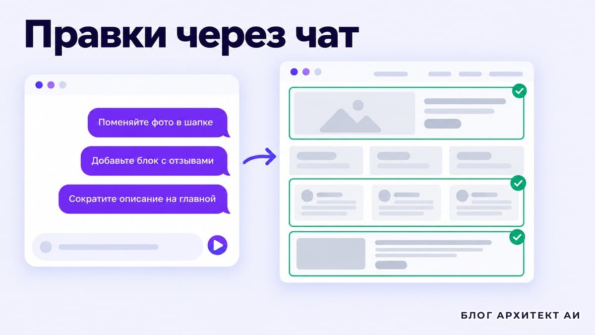 Правки сайта через чат с ИИ: три сообщения и обновленные блоки