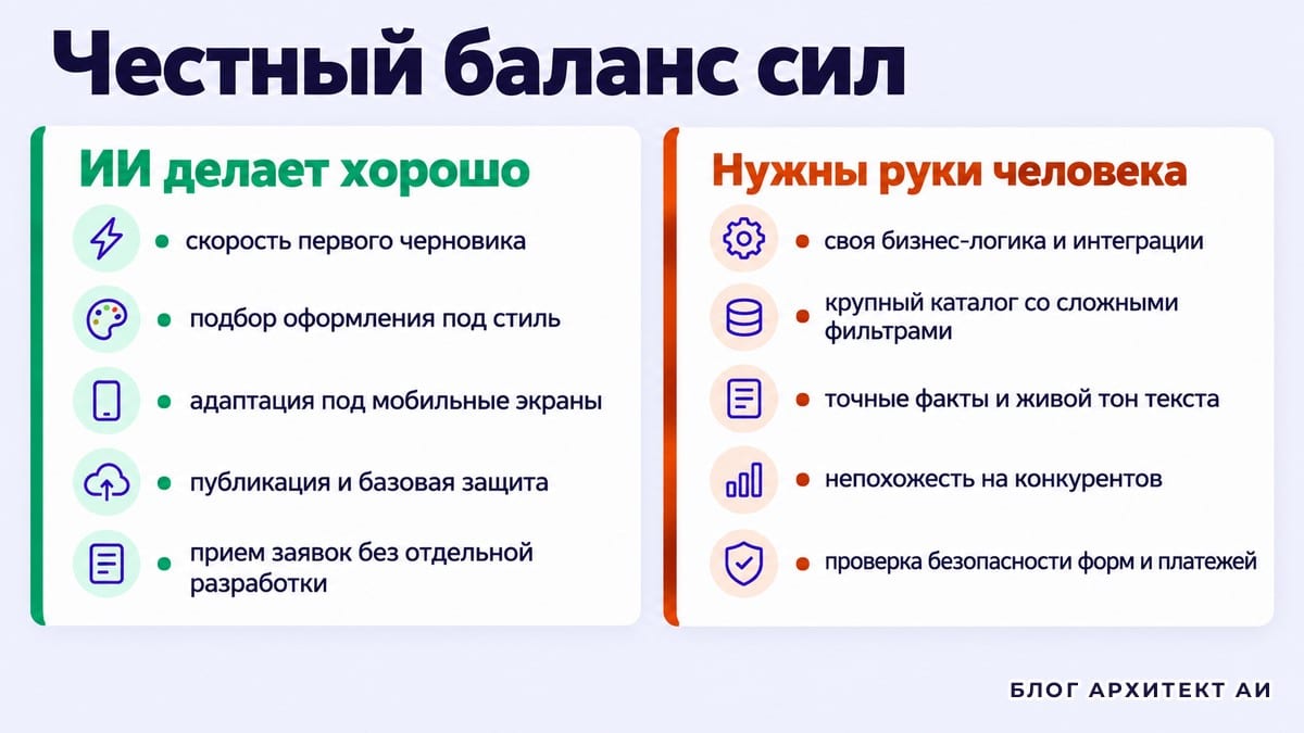 Итоговая схема: что ИИ делает хорошо, что нужно руками