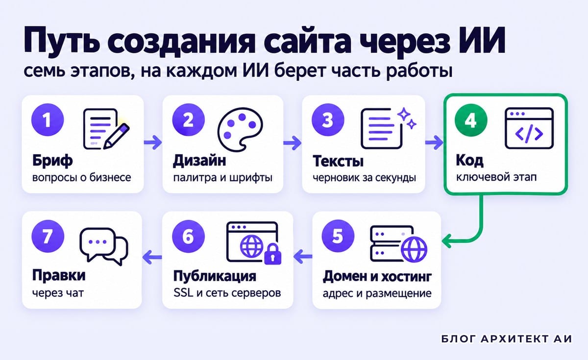 Схема семи этапов создания сайта с помощью ИИ