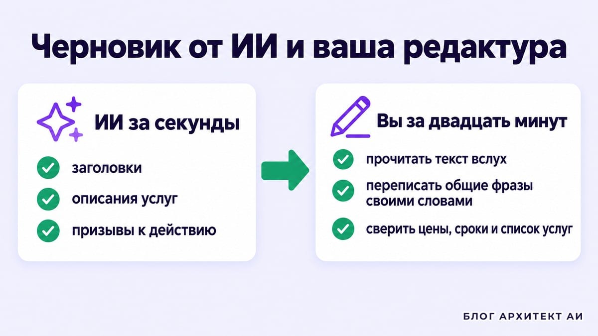 Схема: черновик текста от ИИ и редактура владельца