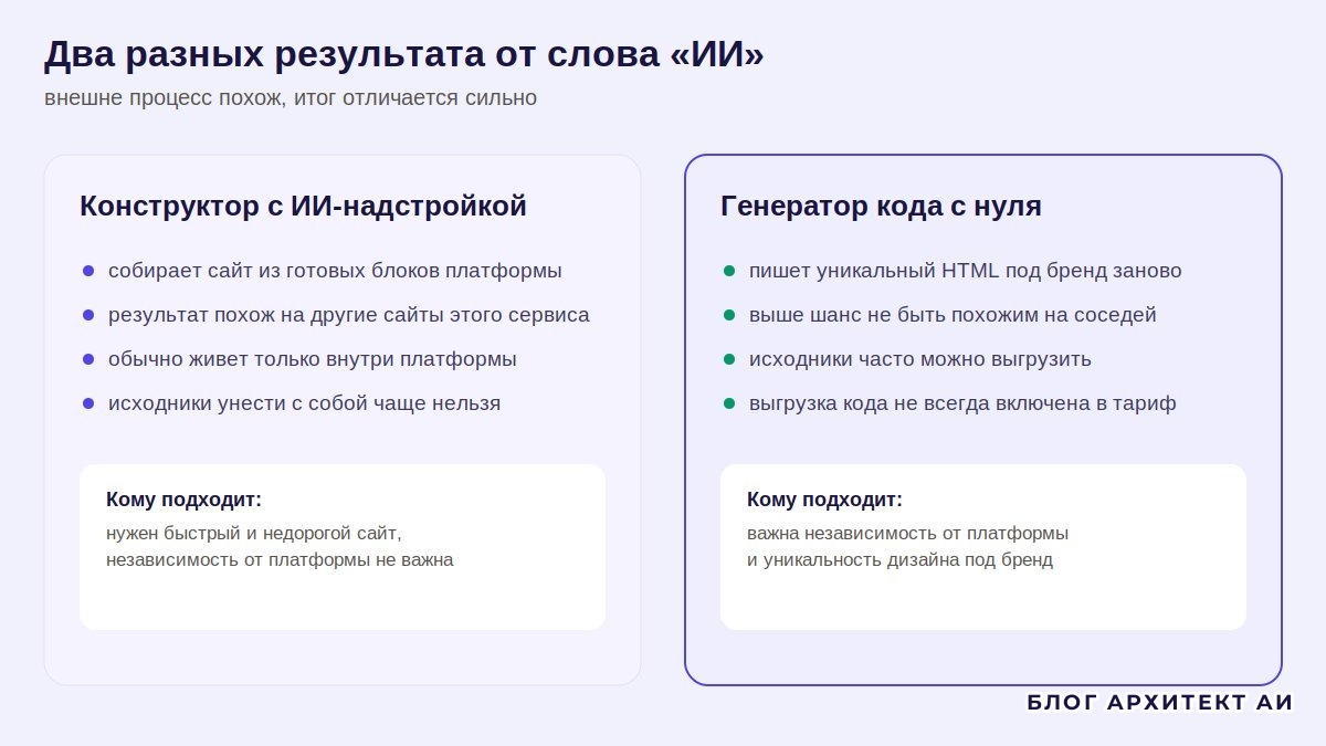 Сравнение конструктора с ИИ и генератора кода с нуля
