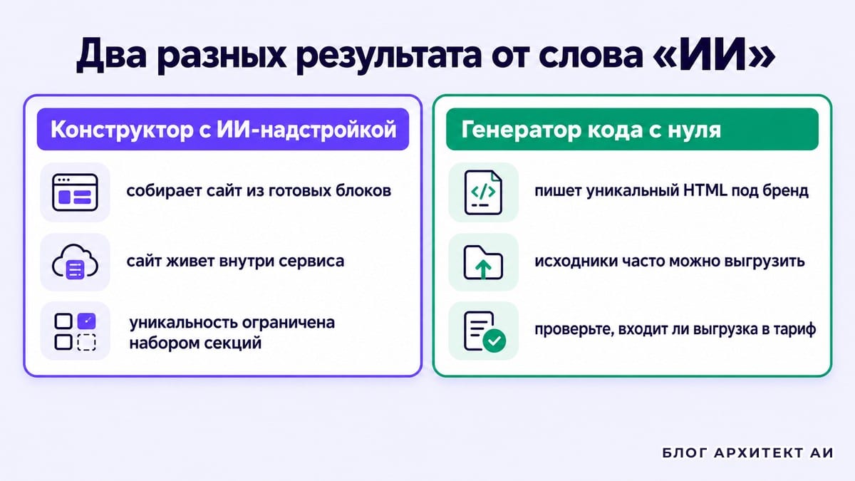 Сравнение конструктора с ИИ и генератора кода с нуля