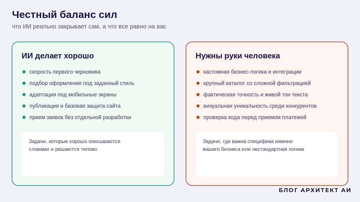 Итоговая схема: что ИИ делает хорошо, что нужно руками