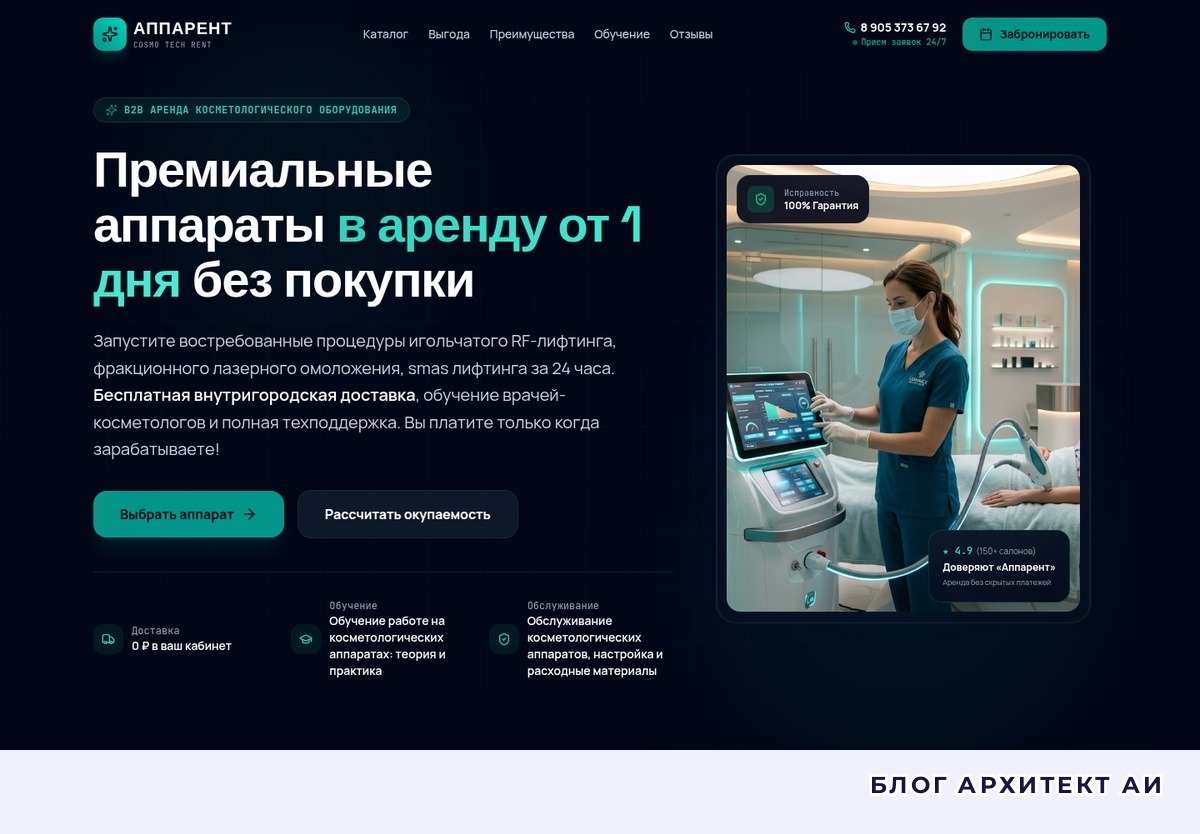Первый экран лендинга аренды косметологического оборудования для салонов