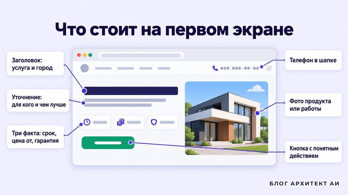 Схема первого экрана посадочной страницы с подписями элементов