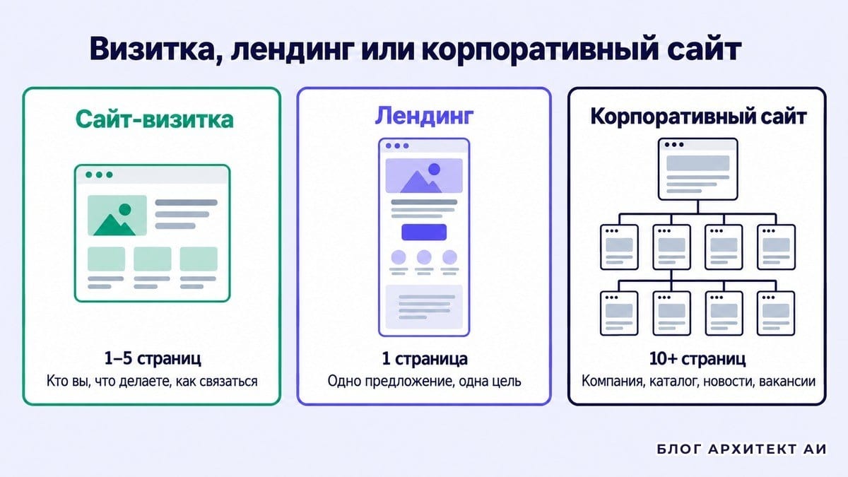 Сравнение сайта-визитки, лендинга и корпоративного сайта