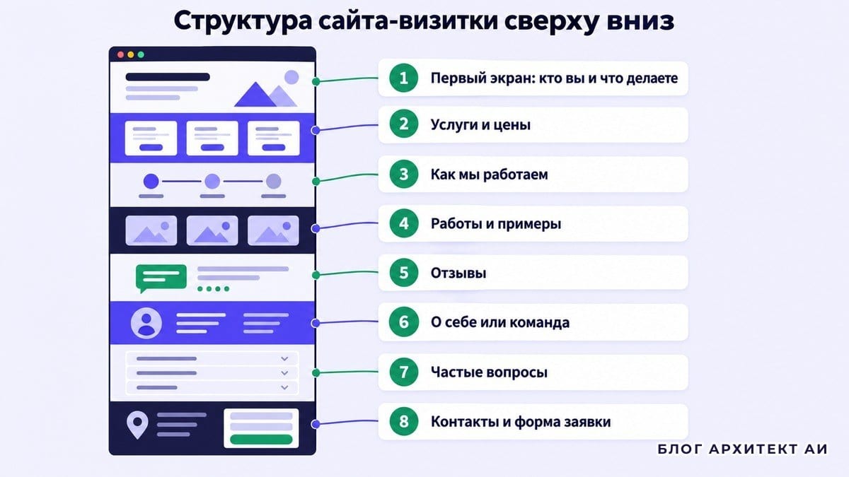 Структура сайта-визитки из восьми блоков сверху вниз