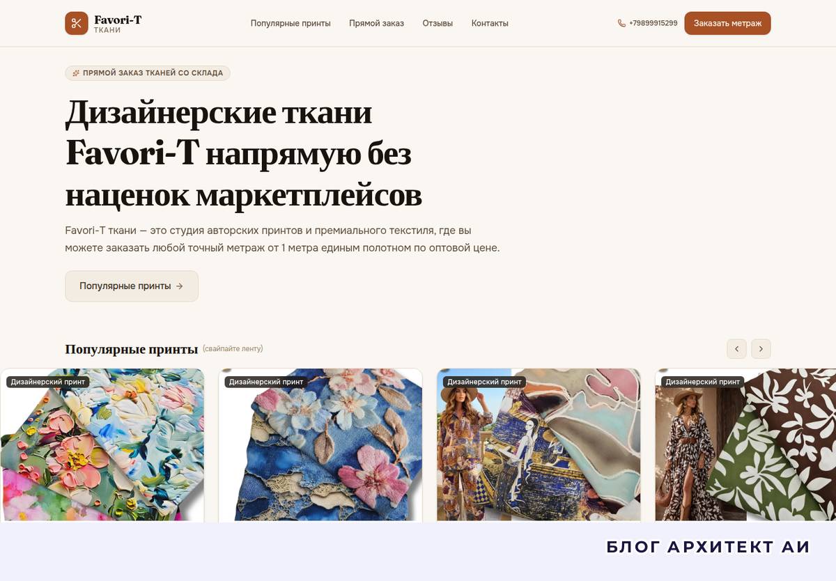 Первый экран сайта дизайнерских тканей Favori-T