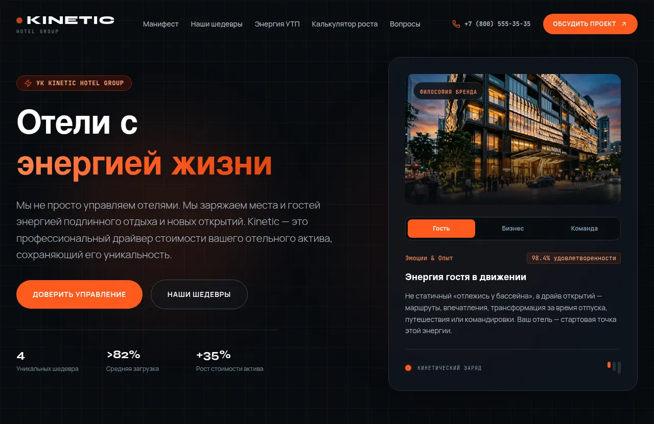 Сайт «Kinetic Hotel Group» — Управляющая компания в гостиничном бизнесе, создан в Архитект АИ